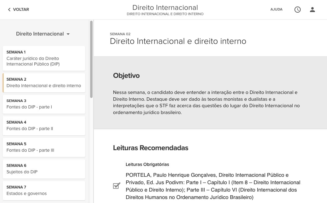 imagem interface do plano de estudos